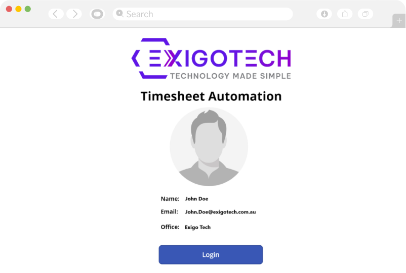 Login Page Login Page | Get best solution for Timesheet Automation Power App from Exigo Tech Australia