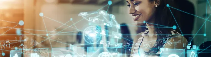 Smiling professional interacting with virtual data graphics, representing Exigo Tech's Azure ExpressRoute solutions in Australia for private, secure cloud connectivity Smiling professional interacting with virtual data graphics, representing Exigo Tech's Azure ExpressRoute solutions in Australia for private, secure cloud connectivity