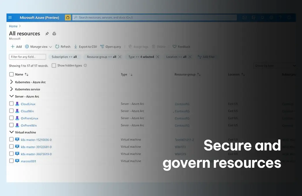 Azure Arc interface showing secure governance of resources, including Kubernetes and virtual machines, providing centralized management across on-premises, multi-cloud, and edge environments. Exigo Tech's Azure Arc service simplifies hybrid cloud management. Azure Arc interface showing secure governance of resources, including Kubernetes and virtual machines, providing centralized management across on-premises, multi-cloud, and edge environments. Exigo Tech's Azure Arc service simplifies hybrid cloud management.
