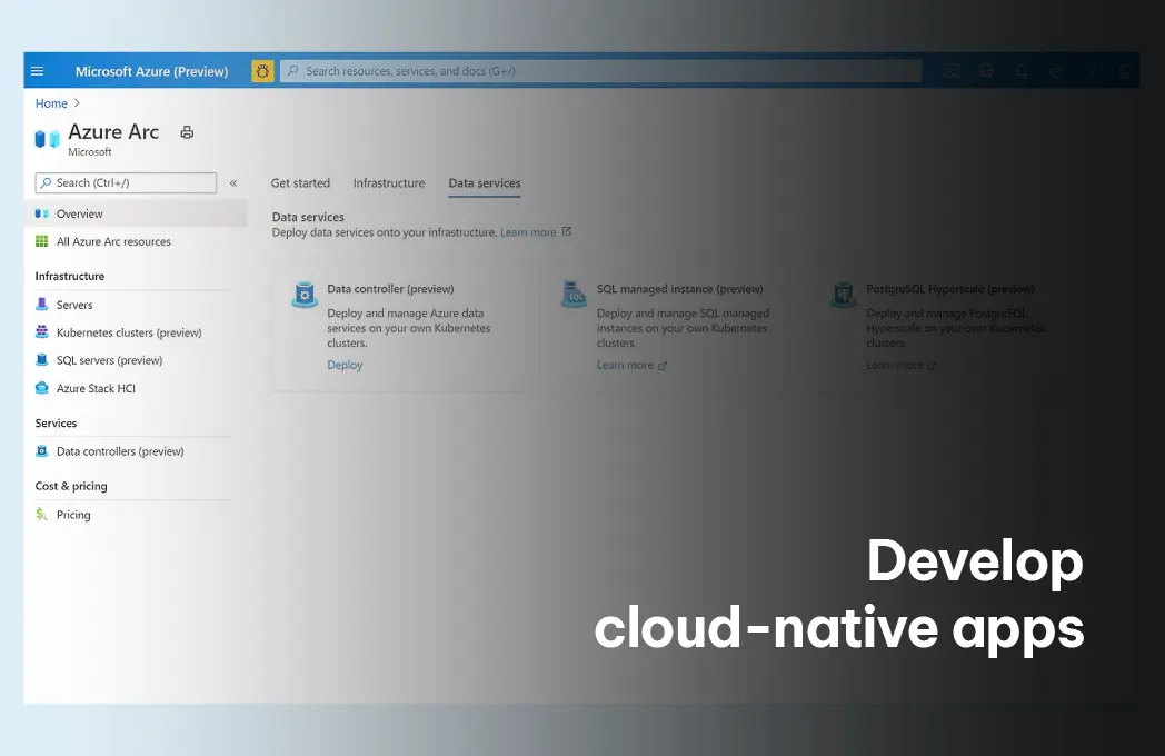 Azure Arc services for developing cloud-native apps with SQL managed instances and PostgreSQL, enabling businesses to deploy data services on their infrastructure. Exigo Tech's Azure Arc solutions support scalable app development across hybrid and multi-cloud environments. Azure Arc services for developing cloud-native apps with SQL managed instances and PostgreSQL, enabling businesses to deploy data services on their infrastructure. Exigo Tech's Azure Arc solutions support scalable app development across hybrid and multi-cloud environments.