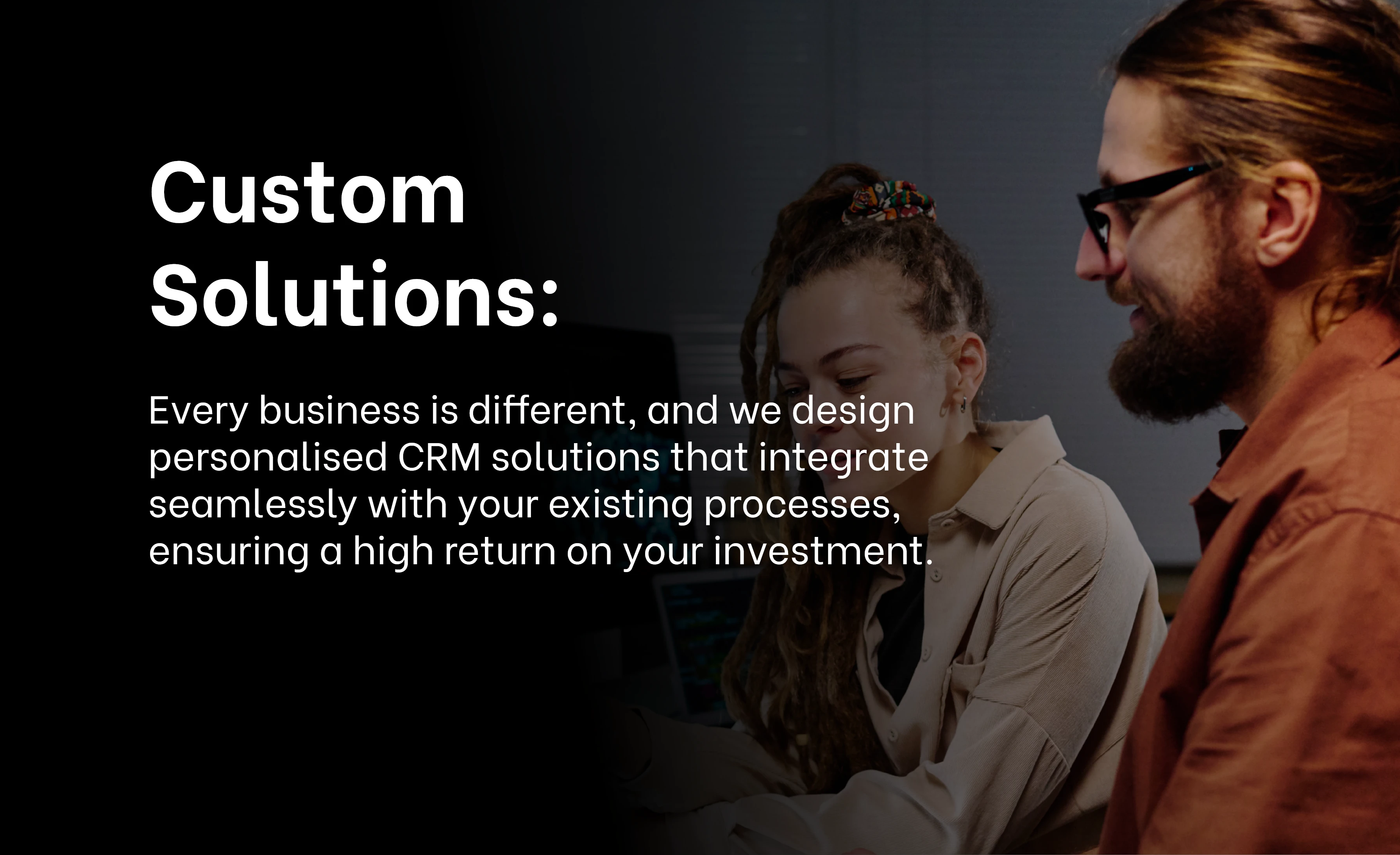 Custom Solutions: Two professionals discussing personalized CRM solutions, representing Exigo Tech's approach to designing custom solutions for businesses. Custom Solutions: Two professionals discussing personalized CRM solutions, representing Exigo Tech's approach to designing custom solutions for businesses.