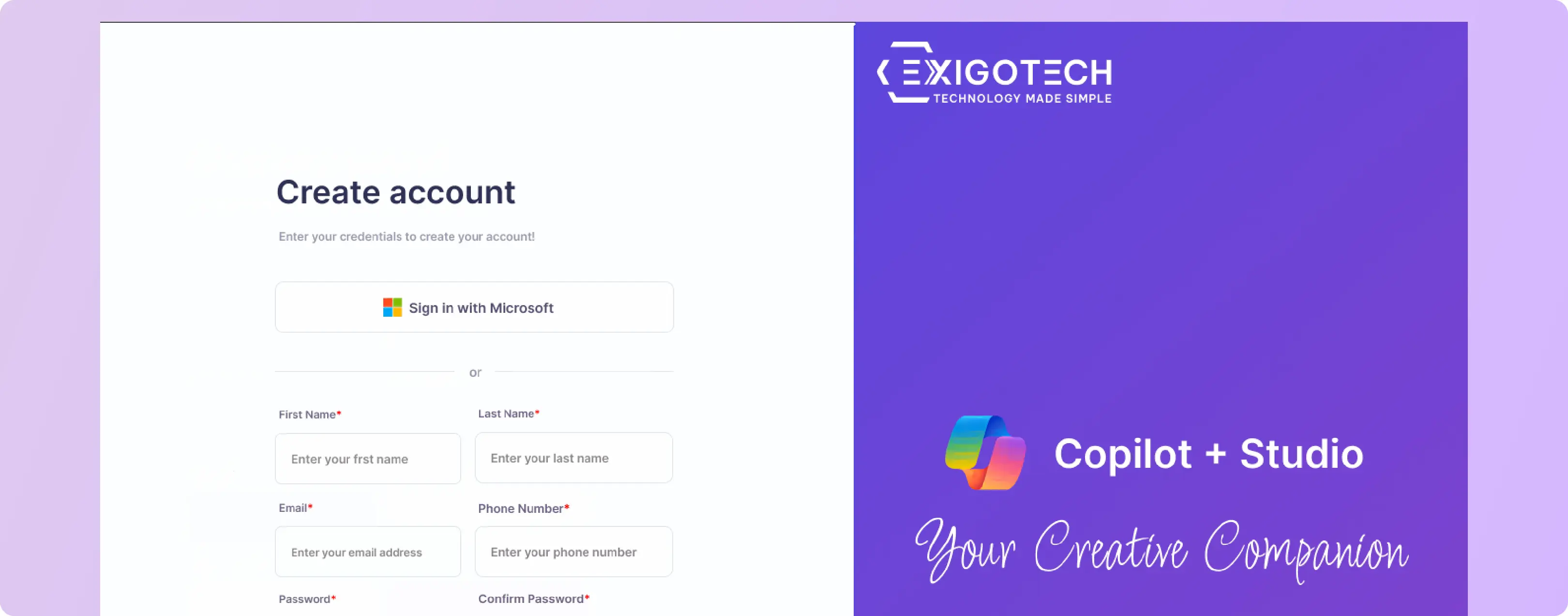 Exigo Tech account creation screen, offering Microsoft sign-in option for access to the AI Content Generator. Exigo Tech account creation screen, offering Microsoft sign-in option for access to the AI Content Generator.