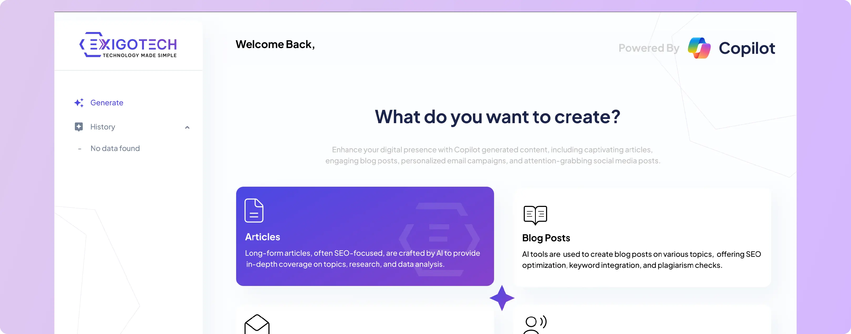 Exigo Tech AI Content Creator welcome screen, prompting users to choose content types like articles and blog posts. Exigo Tech AI Content Creator welcome screen, prompting users to choose content types like articles and blog posts.