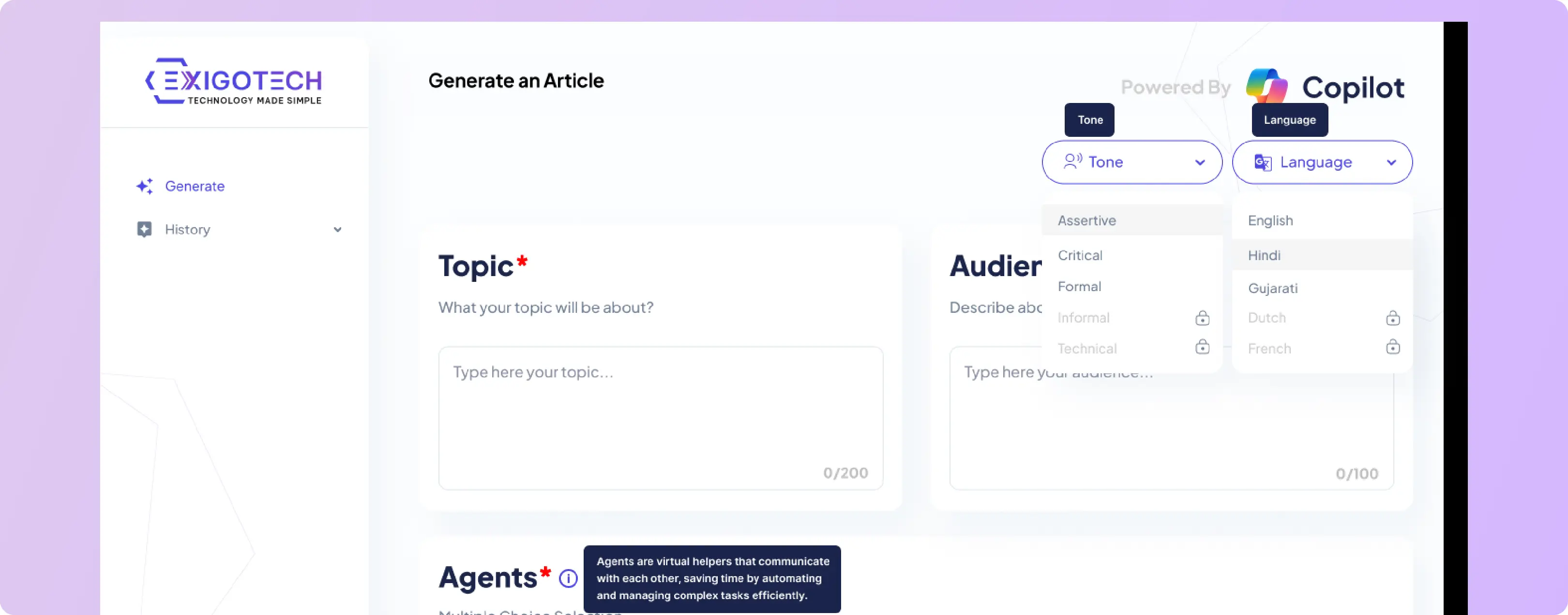 Content creation input screen for Exigo Tech's AI Creator, allowing users to specify topic, audience, tone, and language. Content creation input screen for Exigo Tech's AI Creator, allowing users to specify topic, audience, tone, and language.