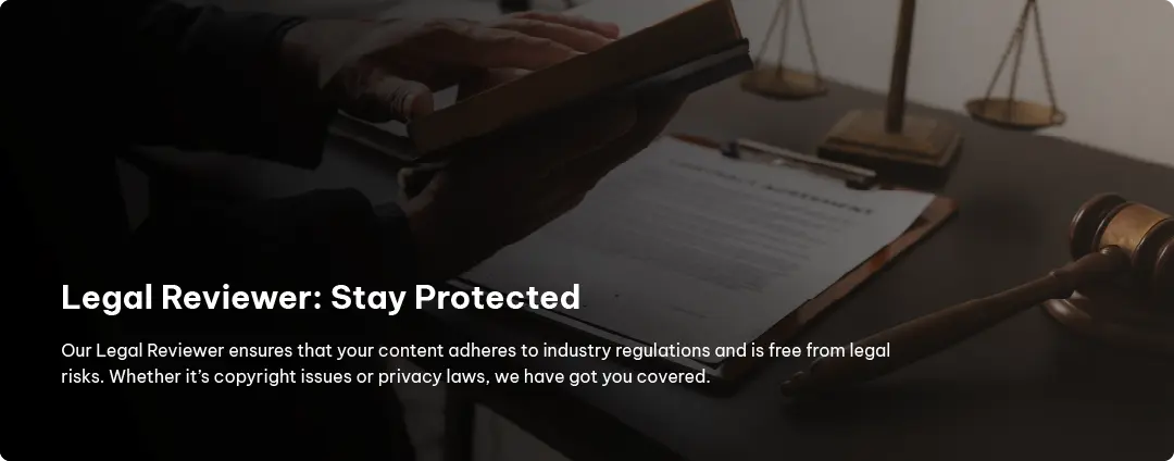 Legal documents and gavel symbolizing Exigo Tech's Legal Reviewer, which checks content for compliance with industry regulations Legal documents and gavel symbolizing Exigo Tech's Legal Reviewer, which checks content for compliance with industry regulations