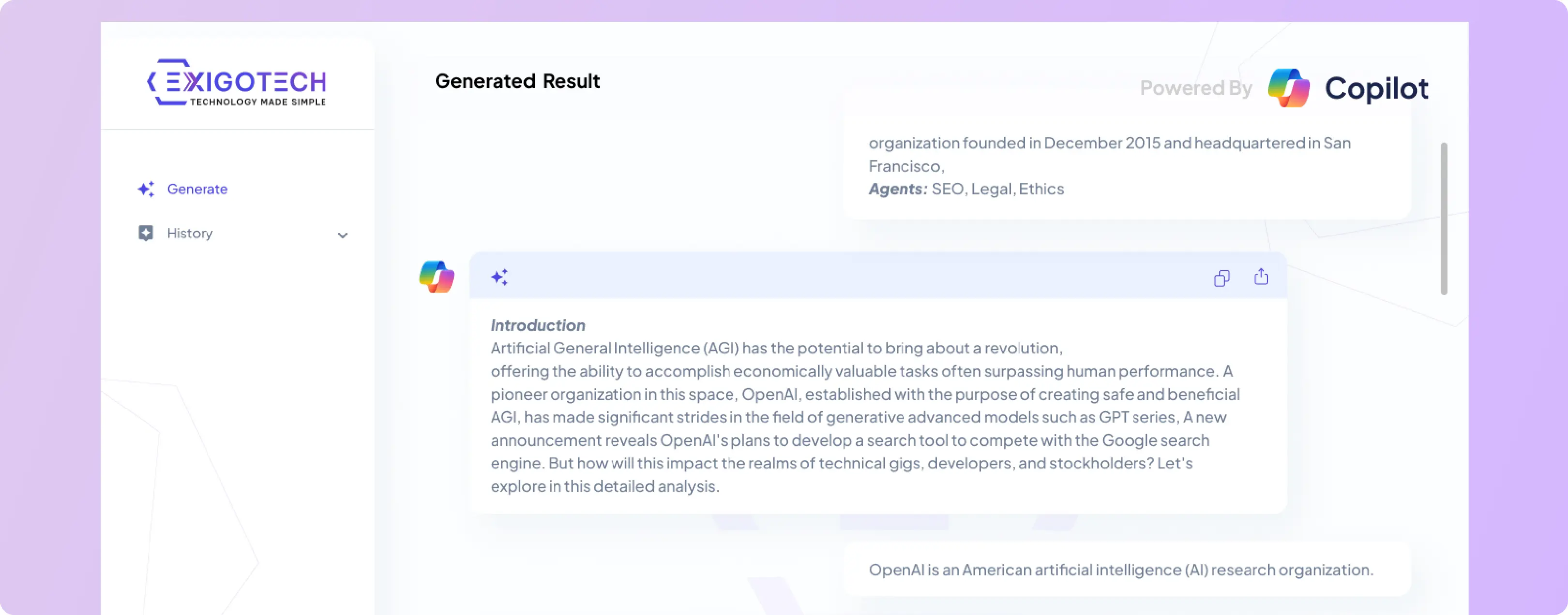 Exigo Tech AI Content Creator displaying generated article content with AI-powered agents for SEO, legal, and ethical compliance. Exigo Tech AI Content Creator displaying generated article content with AI-powered agents for SEO, legal, and ethical compliance.