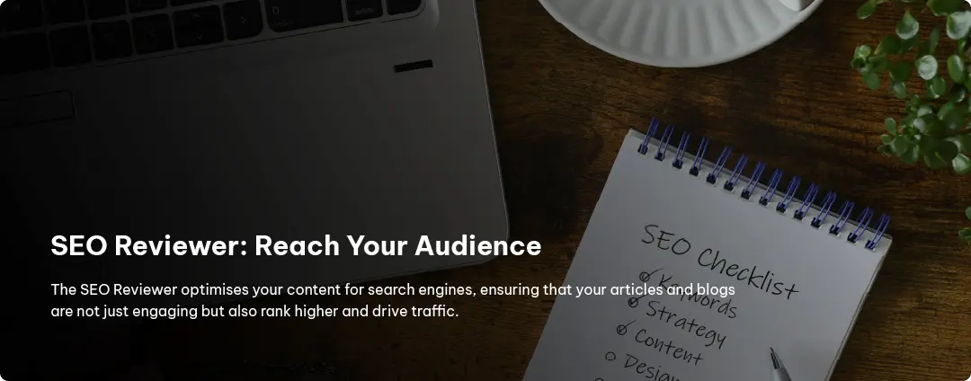 SEO checklist and laptop on a desk, representing Exigo Tech's SEO Reviewer feature to optimize content for search engines and drive traffic SEO checklist and laptop on a desk, representing Exigo Tech's SEO Reviewer feature to optimize content for search engines and drive traffic