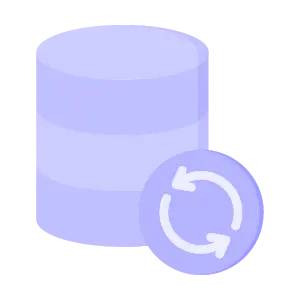 Icon featuring a data disk with a recovery loop, emphasizing scalable backup and disaster recovery services by Exigo Tech