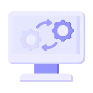 Icon of a computer screen with gears and arrows, symbolizing Azure Container Apps and cloud-native containerized solutions provided by Exigo Tech
