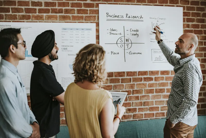 Exigo Tech Perks: A team brainstorming in front of a business strategy board, showcasing a culture of openness and innovation. Exigo Tech Perks: A team brainstorming in front of a business strategy board, showcasing a culture of openness and innovation.