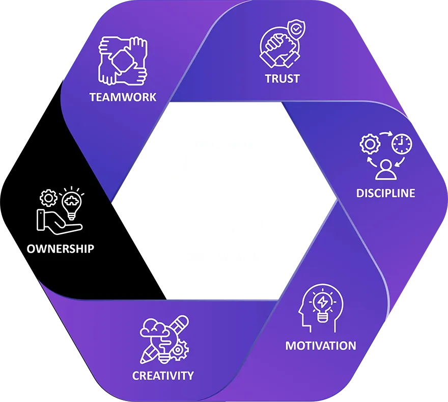 Hexagonal infographic showcasing Exigo Tech's core values, emphasizing 'Ownership' with an icon of a hand holding a lightbulb.